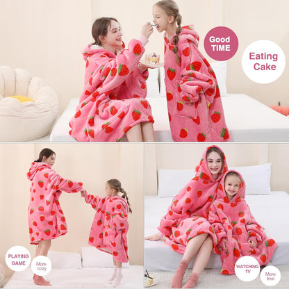 Aemicion Strawberry Blanket Hoodie,Oversized Sherpa Wearable Hooded Blanket,Warm Cozy Sweatshirt Gifts for Women Girls Adult