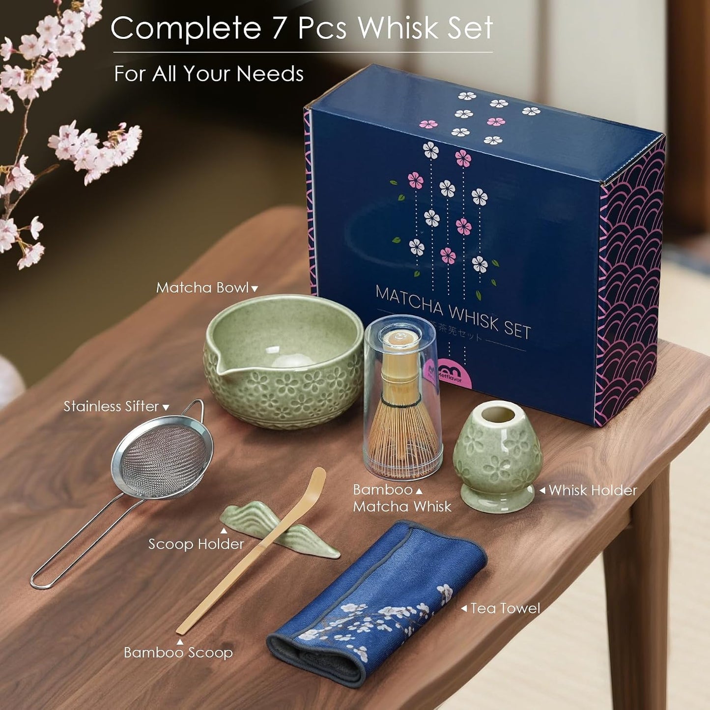 7Pcs Matcha Whisk Set, Matcha Set Whisk and Bowl,Bamboo Scoop, Scoop Rest, Sifter and Tea Towel, Matcha Kit W/Carved Cherry Blossm Pattern for Matcha Lovers (Sakura Pink)