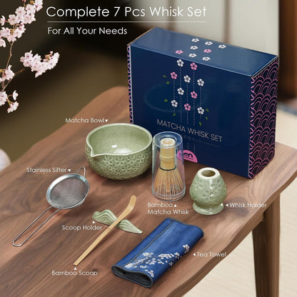 7Pcs Matcha Whisk Set, Matcha Set Whisk and Bowl,Bamboo Scoop, Scoop Rest, Sifter and Tea Towel, Matcha Kit W/Carved Cherry Blossm Pattern for Matcha Lovers (Sakura Pink)