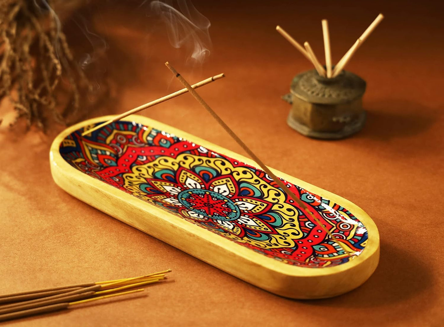 Bless-International Traditional-Handmade-Tray-Burner Wooden-Trat-Incense-Stick-Holder Ash-Catcher-Stand for-Aromatherapy-Meditation-Yoga 11x4x1.22 Inches (Wooden Tray)