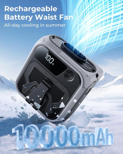 Portable Waist Fan, 10000mAh Rechargeable Belt Fan, Clip-On Waist Fans with 5 Adjustable Speeds, Up to 40H Battery Life, LED Display & Flashlight, for construction workers, Outdoor, Camping-Orange