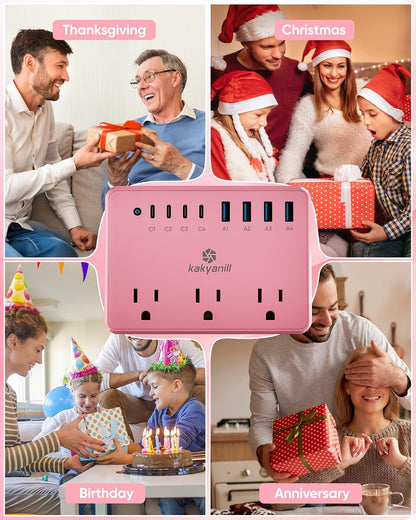 Kakyanill 8 USB Pink Power Strip with 6 AC(4 USB-C), 5 FT Extension Cord