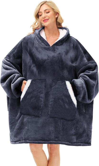 Kipswiza Wearable Blanket Hoodie Gifts for Women and Men, Oversized Cozy Warm Flannel Sherpa Hooded Blankets Sweatshirt with Giant Pockets for Adult and Teens, Dark Gray