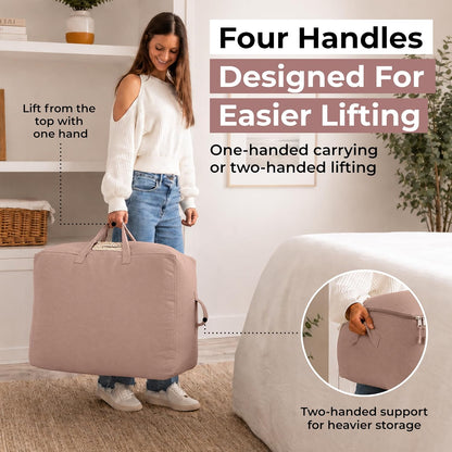 Soft Canvas Storage Bags with Zipper. Thick Breathable, 2pc King/Queen Comforter Organizer. Four Carrying Handles and Window. Large 25x19x9in Bag for Sheets Blankets Bedding Pillows, Clothes