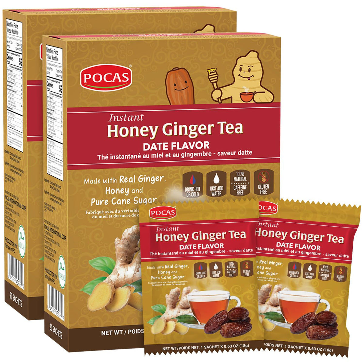 Pocas Honey Ginger Instant Tea Powder, Date Flavor 2-Pack, Ginger Extract & Real Honey, Caffeine-Free Tea, 20 Packets per Box