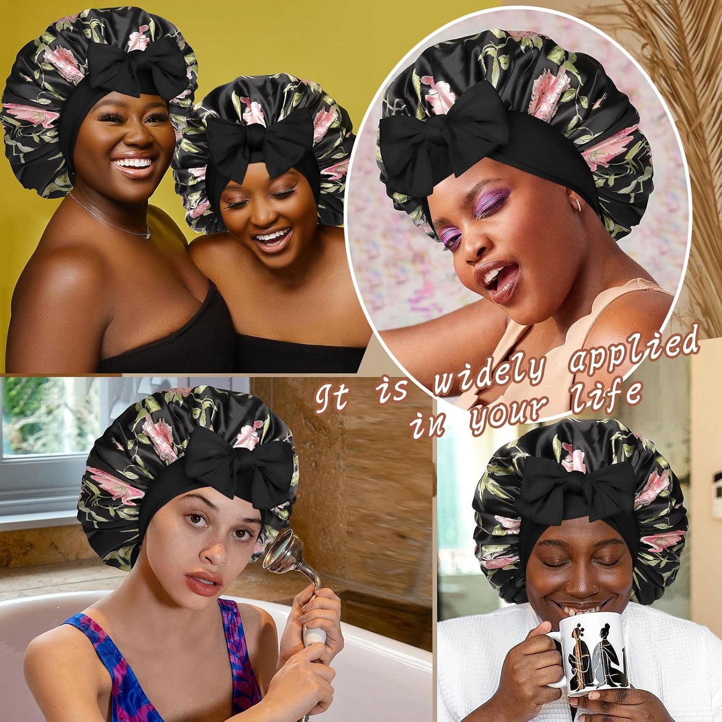 Satin Bonnet for Sleeping Cap Double Layer Hair Bonnet with Elastic Tie Band for Curly Hair Night Cap (Bean Paste + Pink)