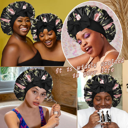 Satin Bonnet for Sleeping Cap Double Layer Hair Bonnet with Elastic Tie Band for Curly Hair Night Cap (Bean Paste + Pink)