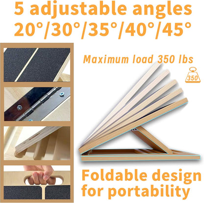 Adjustable 16.5"×12" Wooden Slant Board – 5-Angle Foldable Calf Stretcher & Squat Wedge for Home-Gym, Portable Incline Board for Physical Therapy Rehab Pilates, Ankle Knee Heel Feet Leg, 350 lb Rated