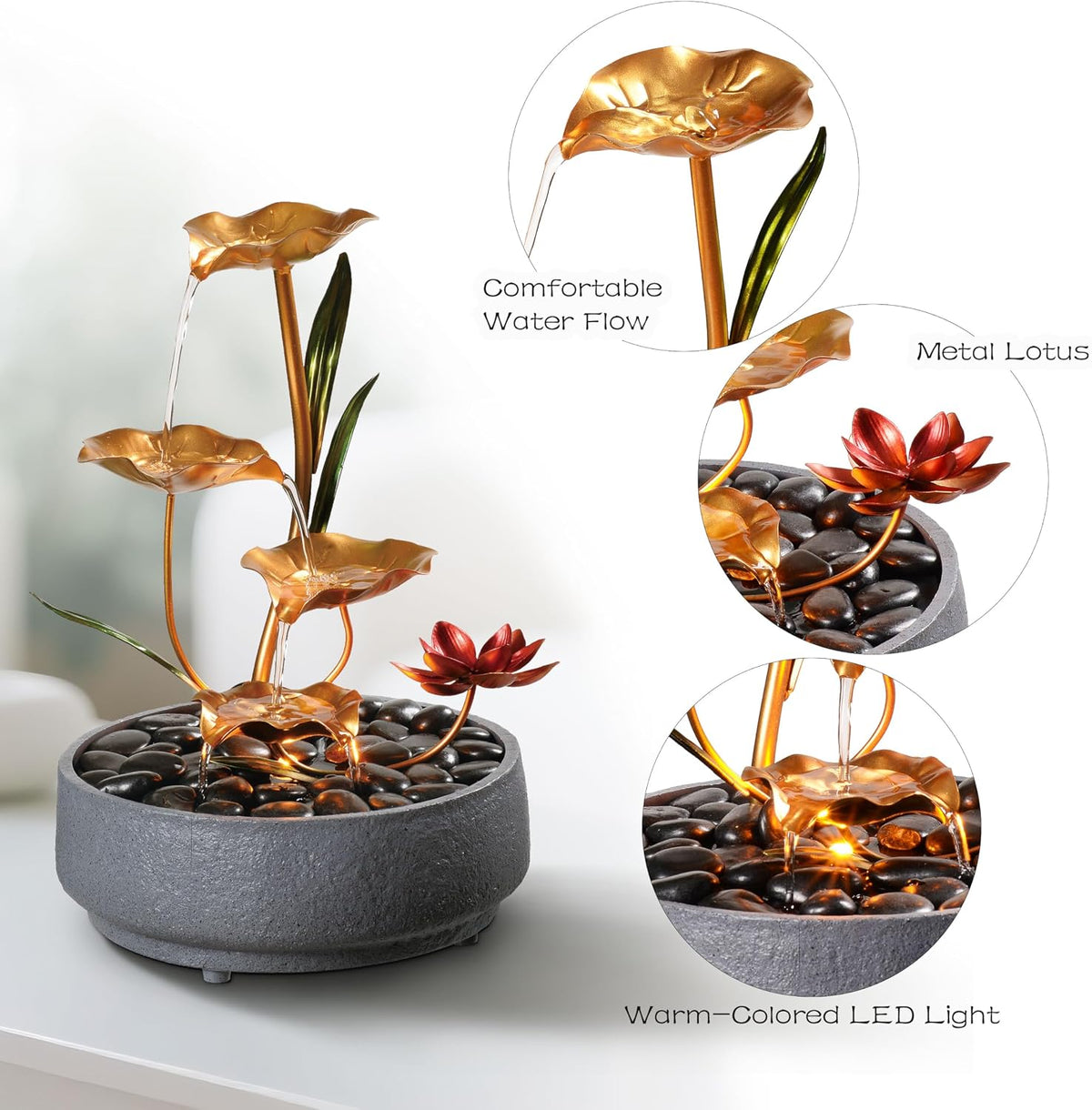 Haobos Indoor Tabletop Fountain Exquisite Meditation Desk Water Fountain Decorative Zen,4-Tier Lotus Desk Fountain,Home/Office Decor Housewarming Gift for Mom（23154）