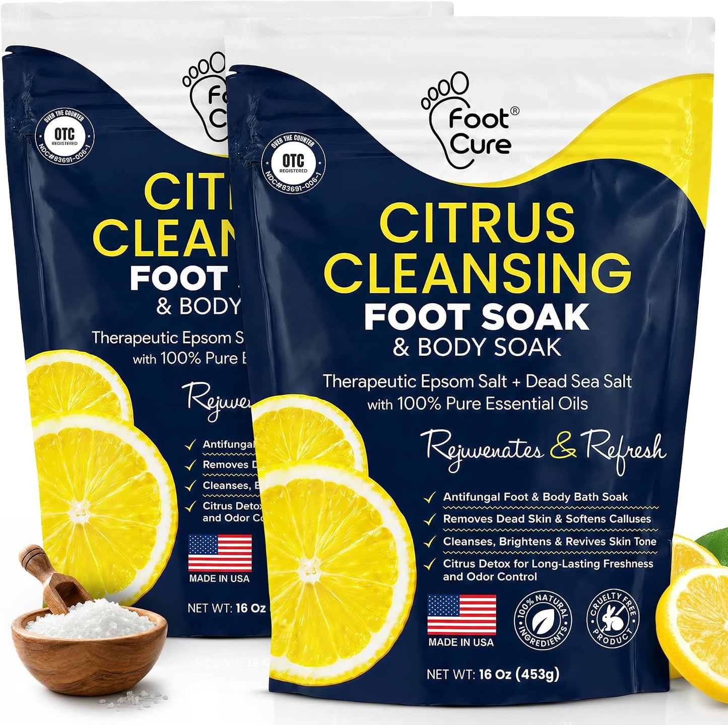 FOOT CURE Tea Tree Oil Foot Soak with Epsom Salt - Best Toenail Fungus Treatment, Athletes Foot & Softens Calluses - Soothes Sore & Tired Feet, Fungal Toe, Foot Odor Scent, Spa Pedicure (Pack of 2)