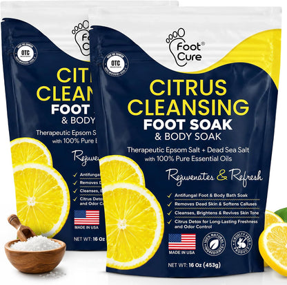 FOOT CURE Tea Tree Oil Foot Soak with Epsom Salt - Best Toenail Fungus Treatment, Athletes Foot & Softens Calluses - Soothes Sore & Tired Feet, Fungal Toe, Foot Odor Scent, Spa Pedicure (Pack of 2)