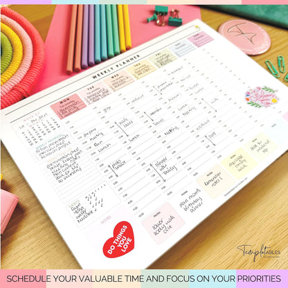 Weekly Hourly Planner Notepad, Daily Planner Desk Pad, Weekly Schedule, To Do List Note Pad, ADHD Planner | 50 Undated Tear Away Sheets | A4 (Rainbow)