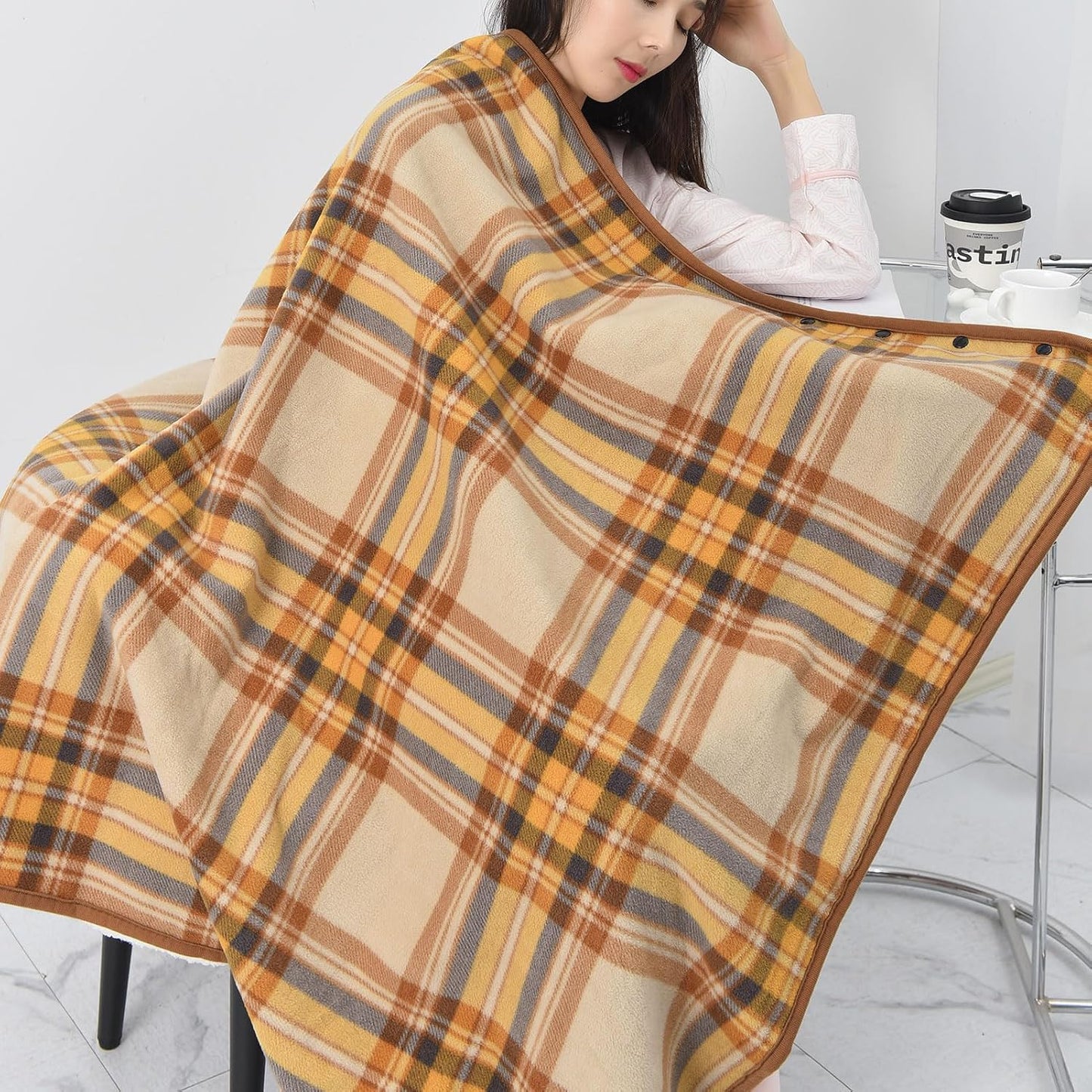 forestfish Fleece Wearable Blanket, Plaid Lap Blanket Comfy Poncho Throw with Buttons for Bed Sofa Office, Grey-White