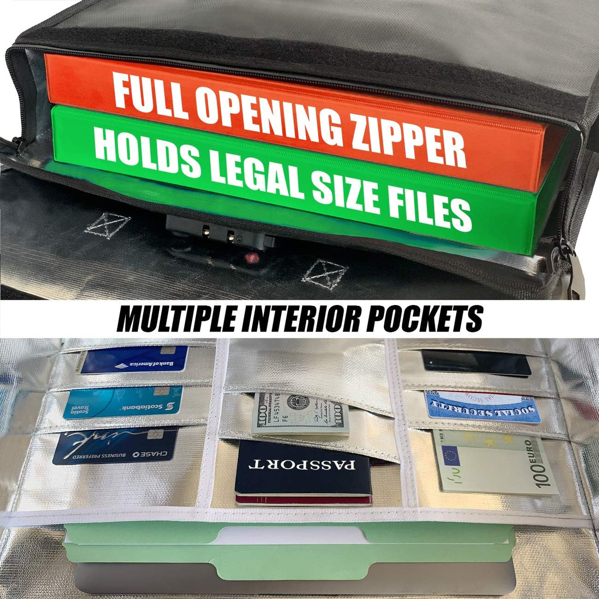 Fireproof and Waterproof Document Bag XL 16x12x3.5 with TSA Lock, Fits Legal Files, High-Viz Design, Lock Box for Travel and Documents, Developed by USA Engineers and Firefighters (Silver)