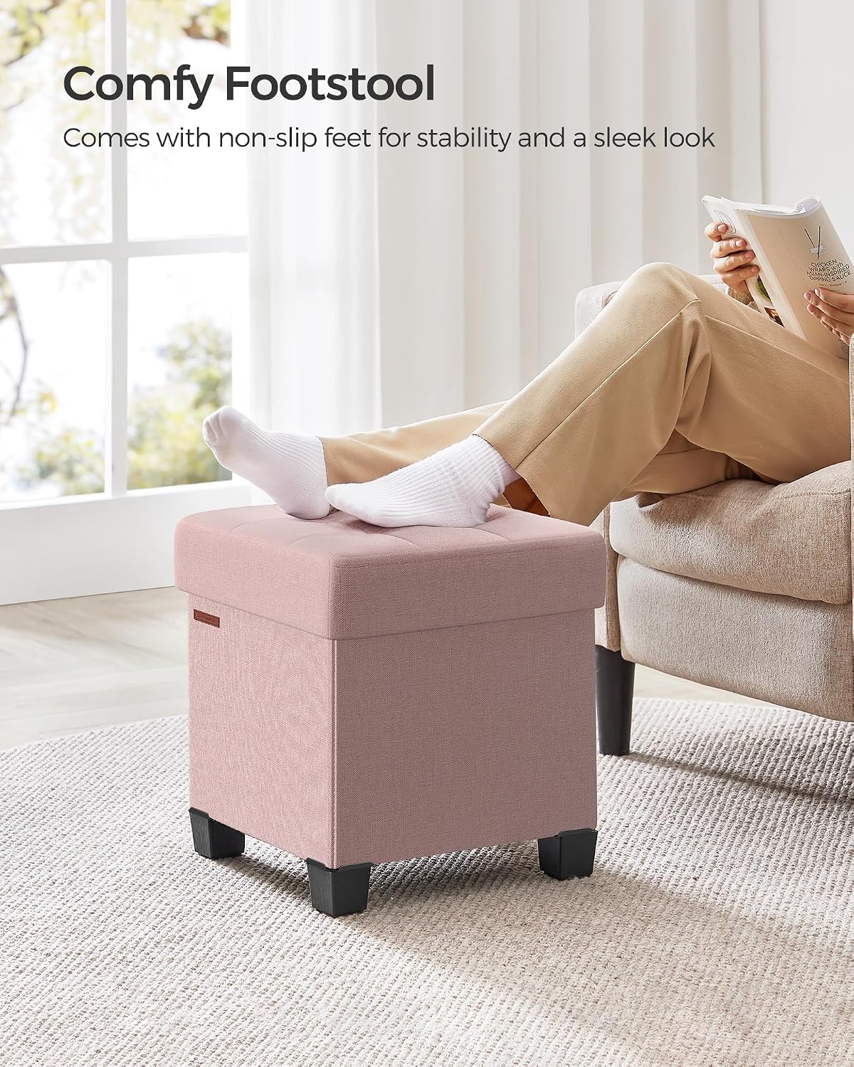SONGMICS Storage Ottoman, Small Ottoman Foot Rest with Legs, 12.6 x 15.7 x 13.2 Inches Foot Stool, Load up to 660 lb, for Living Room, Bedroom, Dorm, Slate Gray ULSF012G01