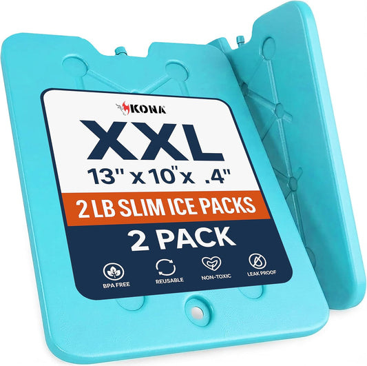 Kona XXL Ice Packs for Coolers – 2 lb Reusable Slim Freezer Packs, Long-Lasting Dry Ice Alternative for Cooler Bags, 13×10 Inch, Fast Freeze (-5 °C), Available in Multiple Pack Quantities