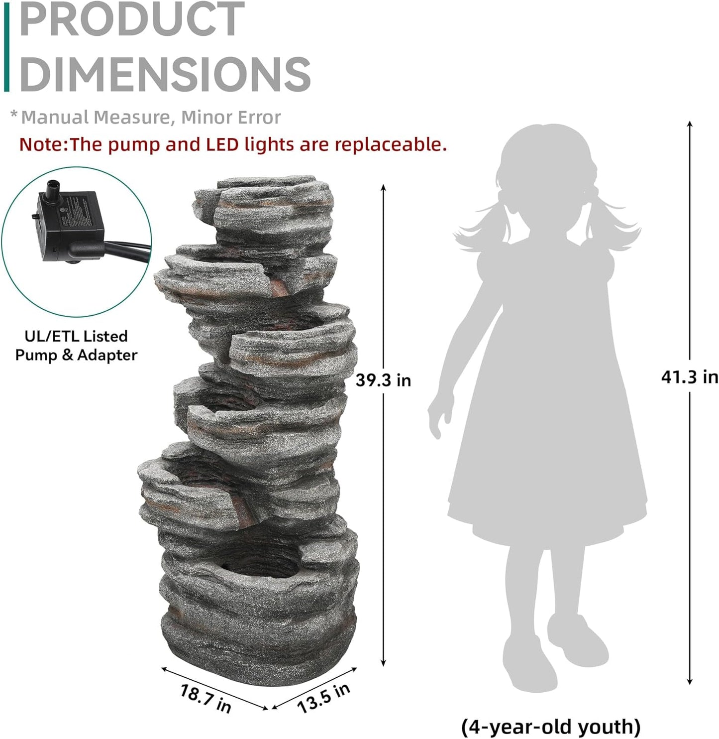 19.5" H 4-Tier Indoor & Outdoor Water Fountain with LED Lights | Resin Pebble Textured Tabletop Cascading Water Feature, Relaxing Decor for Patio, Porch, Deck, Yard & Home