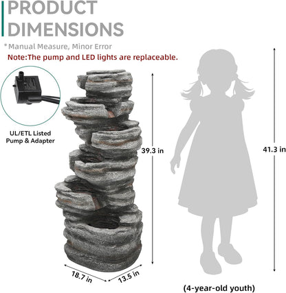 19.5" H 4-Tier Indoor & Outdoor Water Fountain with LED Lights | Resin Pebble Textured Tabletop Cascading Water Feature, Relaxing Decor for Patio, Porch, Deck, Yard & Home