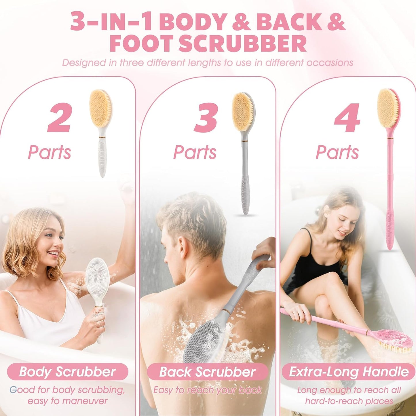 New Foot Brush with Adjustable Long Handle, 3-in-1 Foot Scrubber for Wet or Dry Brushing, 10.2’’- 27.5’’ Foot Scrub Brush for Senior, Pregnant, Disabled, or Injured, Gift-Box Packed(White)
