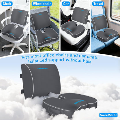 SweetSlubr Memory Foam Seat Cushion & Lumbar Support Pillow Set Gray Large