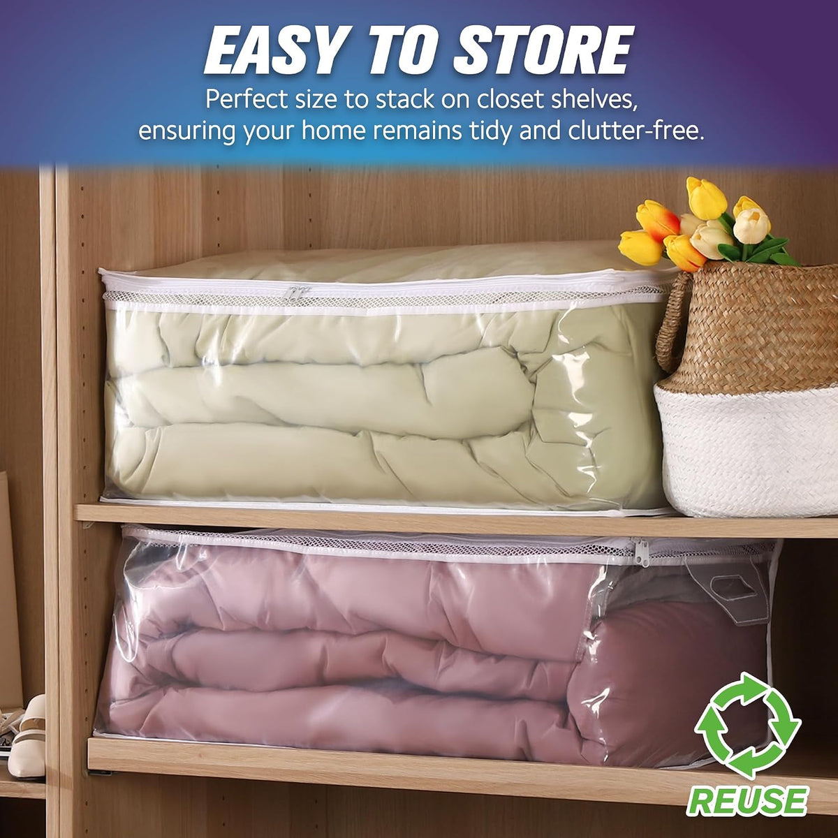 HIBAG 20 Gallon Large Storage Bag for Clothes, Zipper Clothing Storage Bag, Clear Organizer with Reinforced Handles, for Comforters Blankets Pillows Bedding