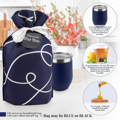 Tea Lovers Gifts Basket - Gift Set Include Temperature Retention Cup 12 Special Blend Teabags & Honey Presented in Beautiful Gift Bag For Women & Men - Birthday, Get Well, Thinking of You Care Package