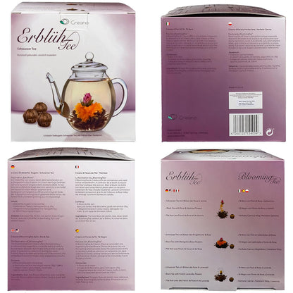 Creano Blooming Tea Gift Set with Glass Teapot 17oz (500ml) - Green Tea Fruity Flavoured Tea Flowers in 6 Varieties - Flowering Tea Gift for Easter