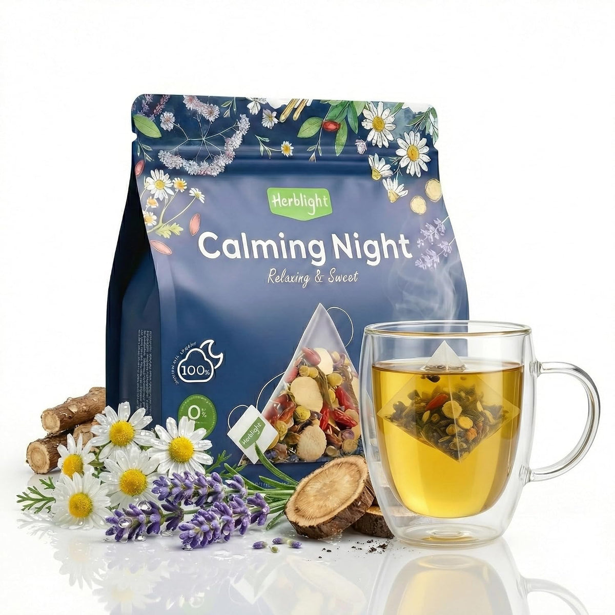 Herblight Valerian Root Night Time Tea with Lavender & Chamomile - Caffeine-Free Calming Herbal Blend for Relaxation & Stress Relief - Premium Whole Leaf Ashwagandha Tea (15 Sachets)