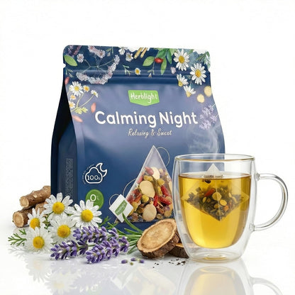 Herblight Valerian Root Night Time Tea with Lavender & Chamomile - Caffeine-Free Calming Herbal Blend for Relaxation & Stress Relief - Premium Whole Leaf Ashwagandha Tea (15 Sachets)