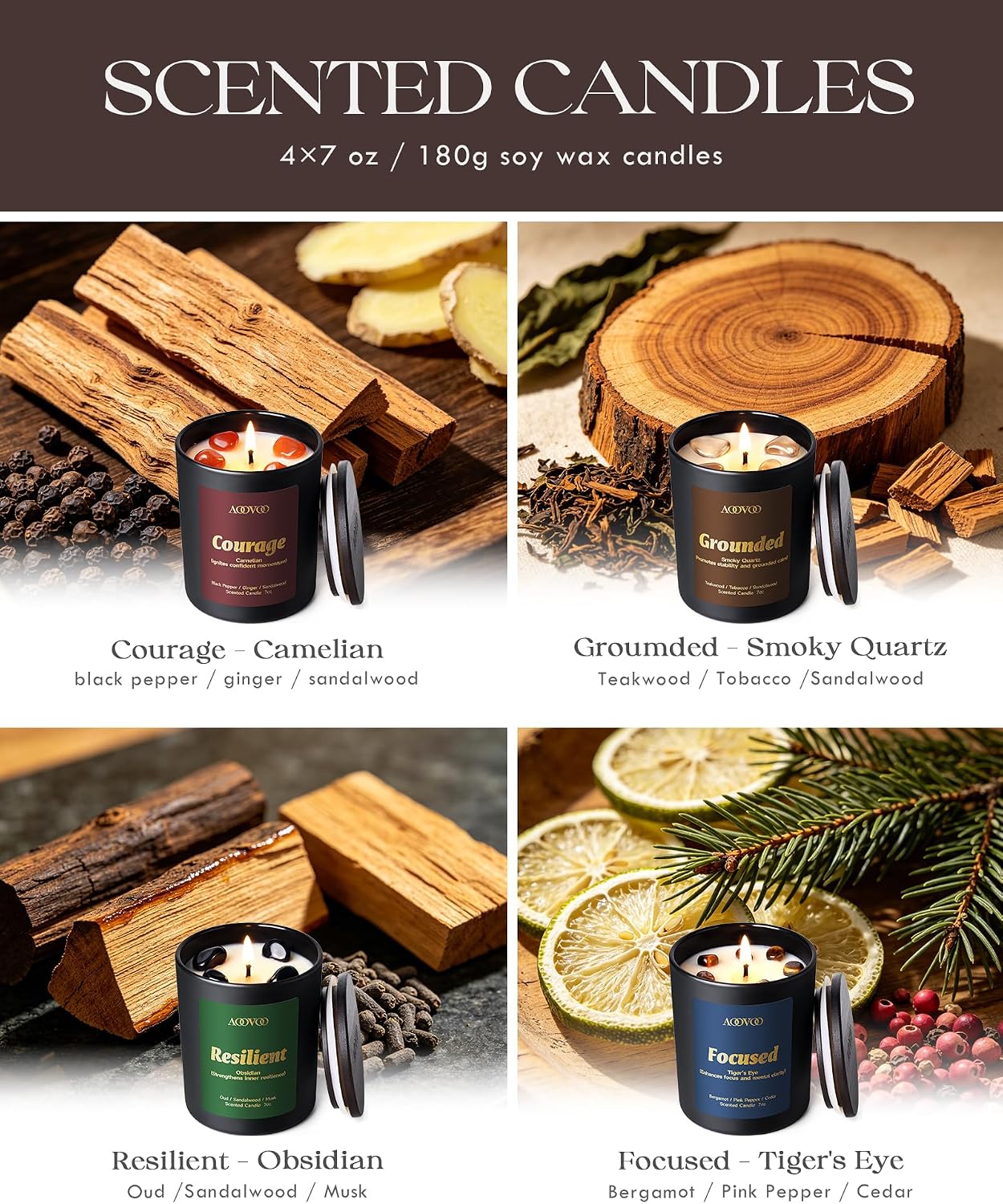 AOOVOO Scented Candles for Men - 4 Pack Candles for Home Scented, 36oz Soy Wax, 200 Hour Burn Time, Men Candle Set, Sandalwood Oud/Mahogany Teakwood/Smoke Vanilla/Jasmine Candle Set A