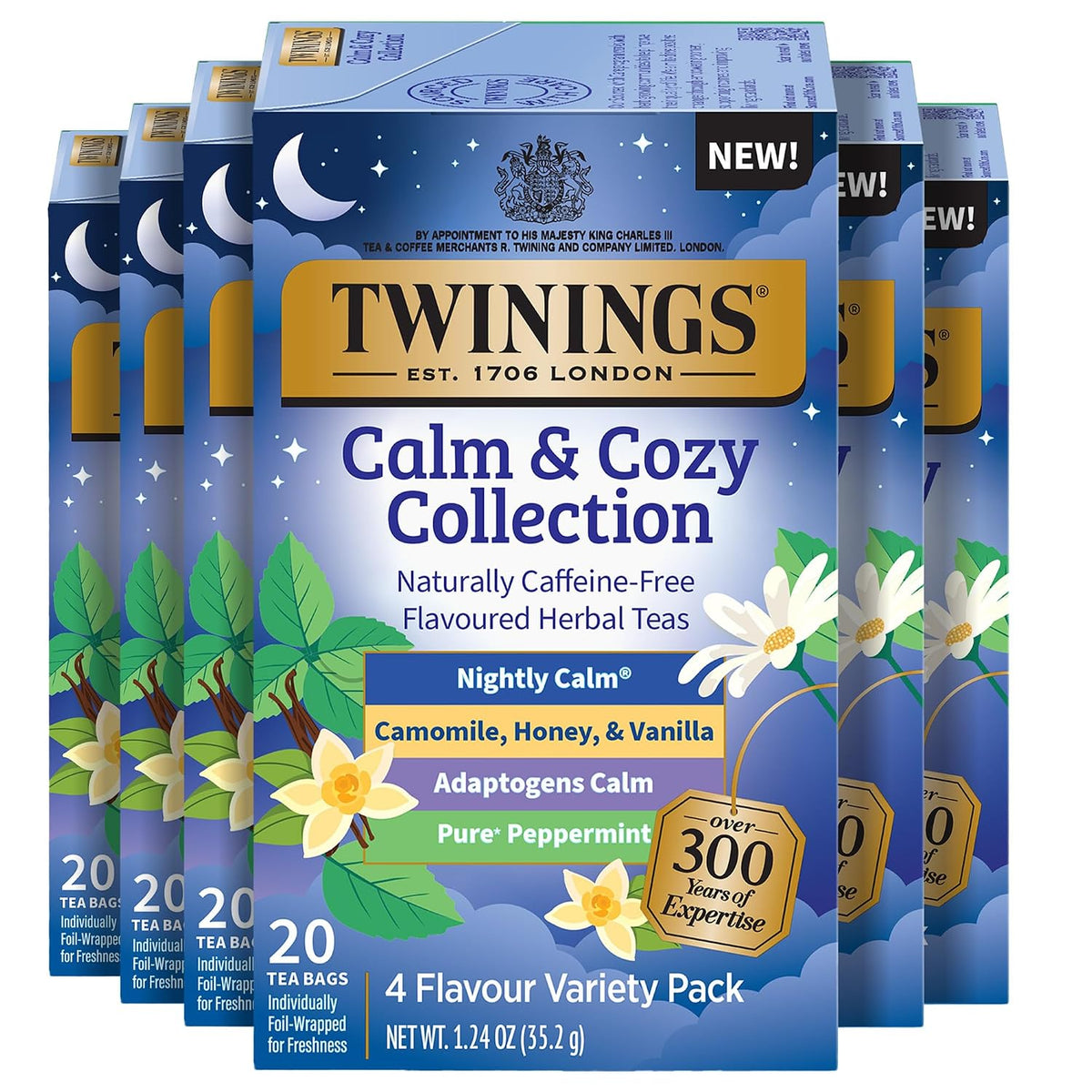 Twinings Calm & Cozy Bedtime Herbal Tea Variety, 20 Count, Pack of 6