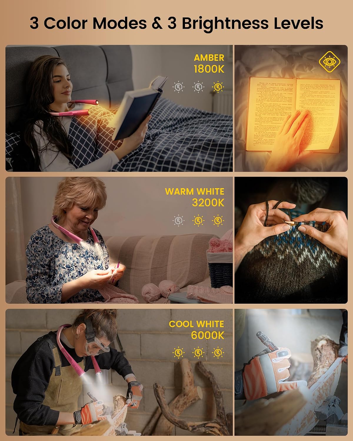 Glocusent Book Light, 3-Color & 6-Brightness Reading Light, Bendable Neck Light, 80-hr Lasting Rechargeable Book Light, Perfect Reading Lights for Books in Bed, Knitting, Repairing, Book Lovers Gifts