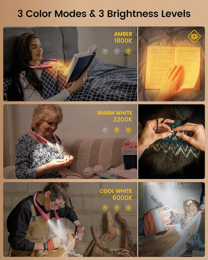 Glocusent Book Light, 3-Color & 6-Brightness Reading Light, Bendable Neck Light, 80-hr Lasting Rechargeable Book Light, Perfect Reading Lights for Books in Bed, Knitting, Repairing, Book Lovers Gifts