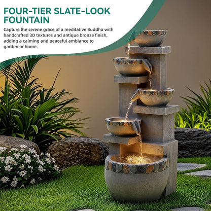 19.5" H 4-Tier Indoor & Outdoor Water Fountain with LED Lights | Resin Pebble Textured Tabletop Cascading Water Feature, Relaxing Decor for Patio, Porch, Deck, Yard & Home