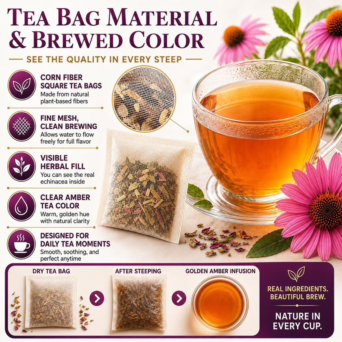 WOTIHA Echinacea Tea Bags, 60 Count, Pure Herbal Infusion, Caffeine Free