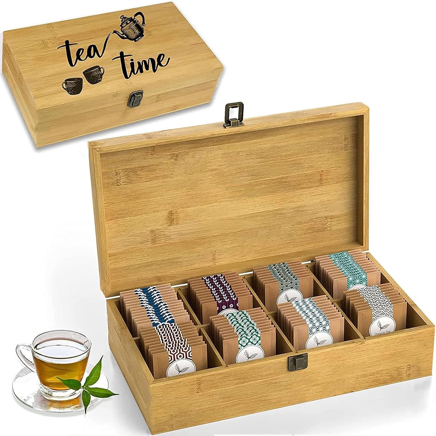 Tea Organizer Box Food Safe Chemical Free Bamboo Wood Storage Chest Big, Tall, Adjustable Cubbies (8-Slot 14.3" x 8.1" x 4.2" with TEA print design)