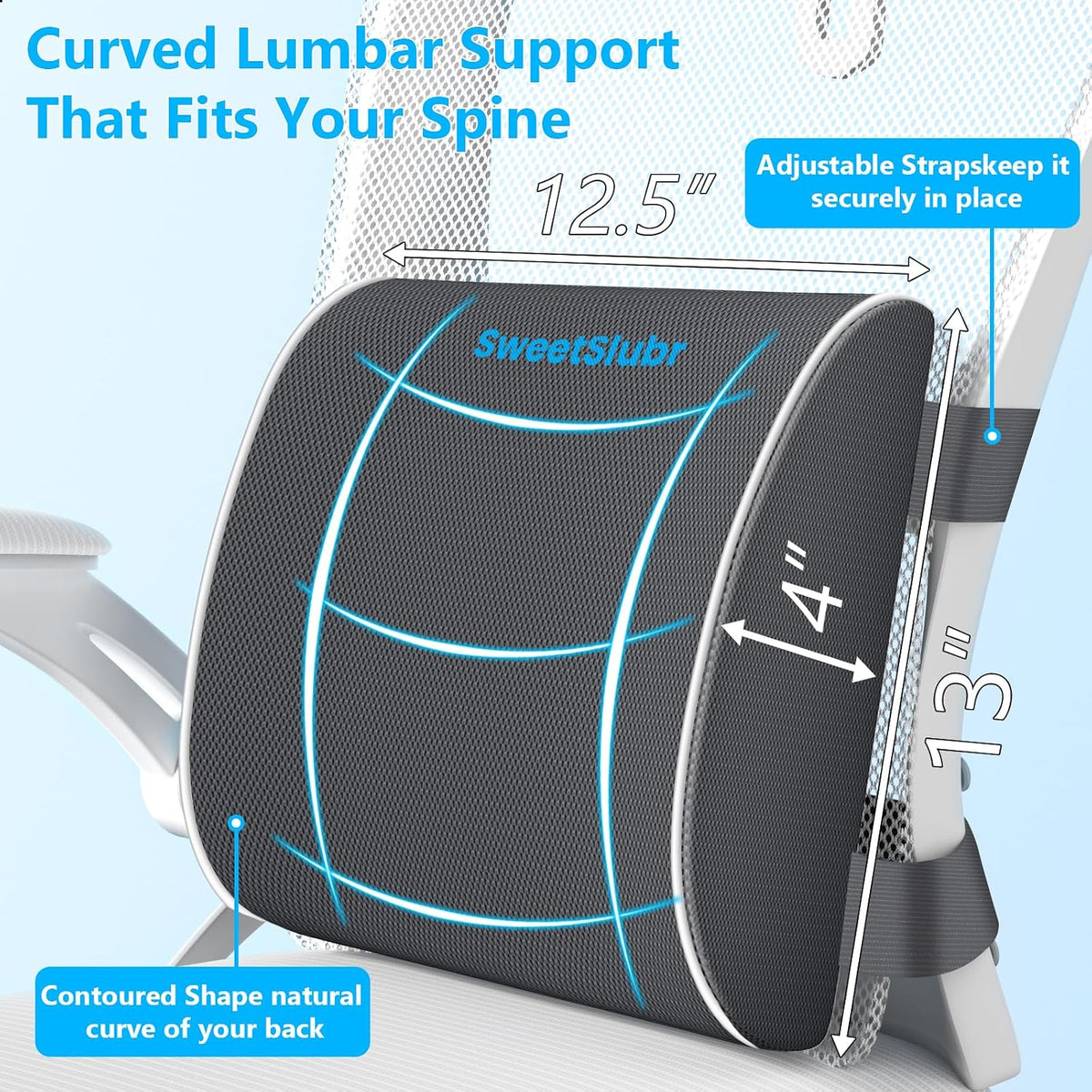 SweetSlubr Memory Foam Seat Cushion & Lumbar Support Pillow Set Gray Large
