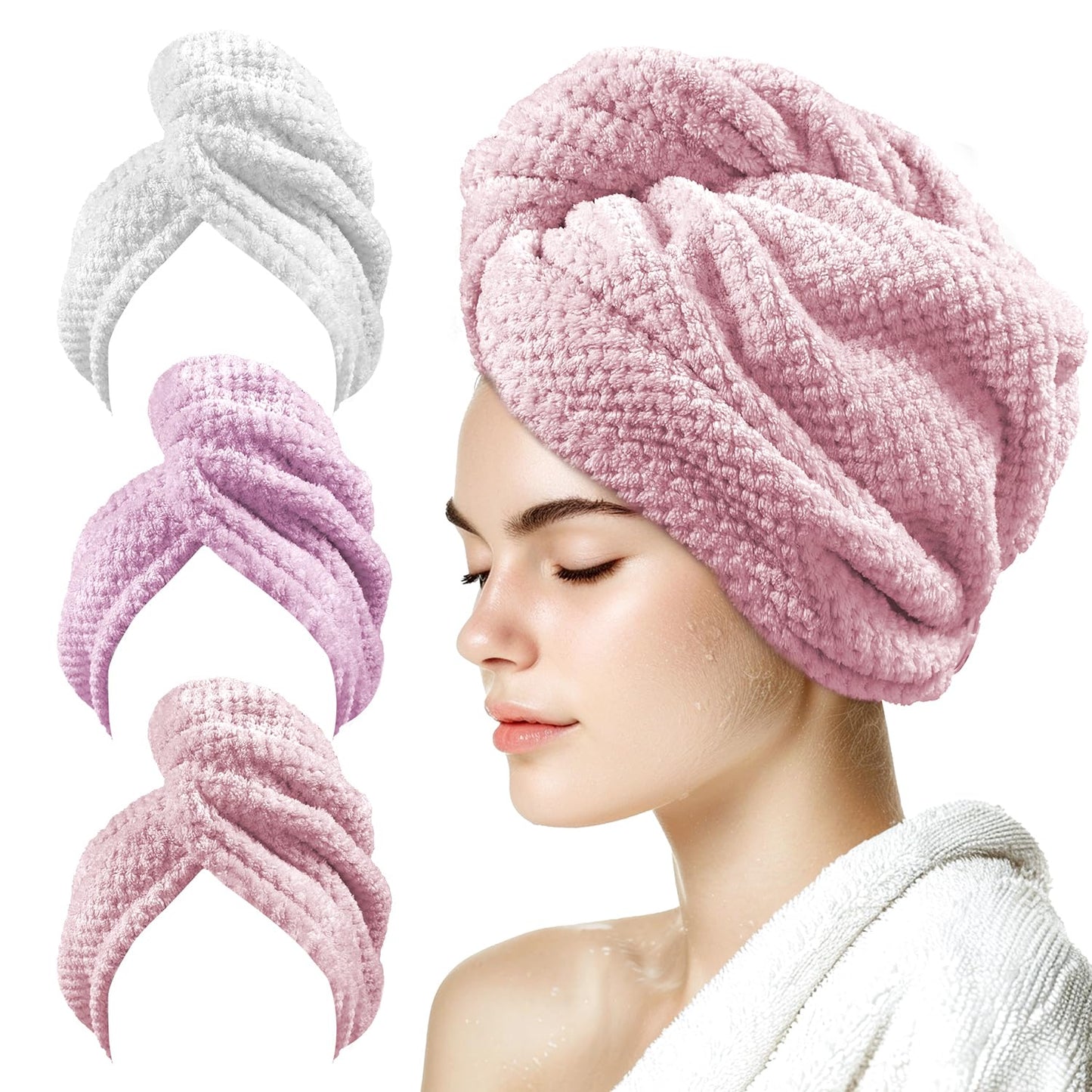 my novel things 3 Pack Hair Towel Wrap for Women, 25.4" x 9.8" Microfiber Towels, Super Absorbent Quick Dry with Button for Curly Hair Anti Frizz (Pink,White,Purple) Gift for Women Girls