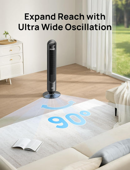 DREO Tower Fan for Bedroom, 90° Oscillating Standing Fans for Room with 4 Speeds, 3 Modes, 28dB Quiet for Sleep, 26ft/s Velocity, 8H Timer, Remote, Living Room, Office, Home, Black