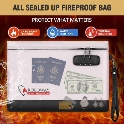 ROLOWAY Fireproof Money Bag with Lock for Cash, 6400°F Fire Proof Document Bag (12.2 x 8.5 x 1.6 inches), Money Pouch with Zipper (Pink)