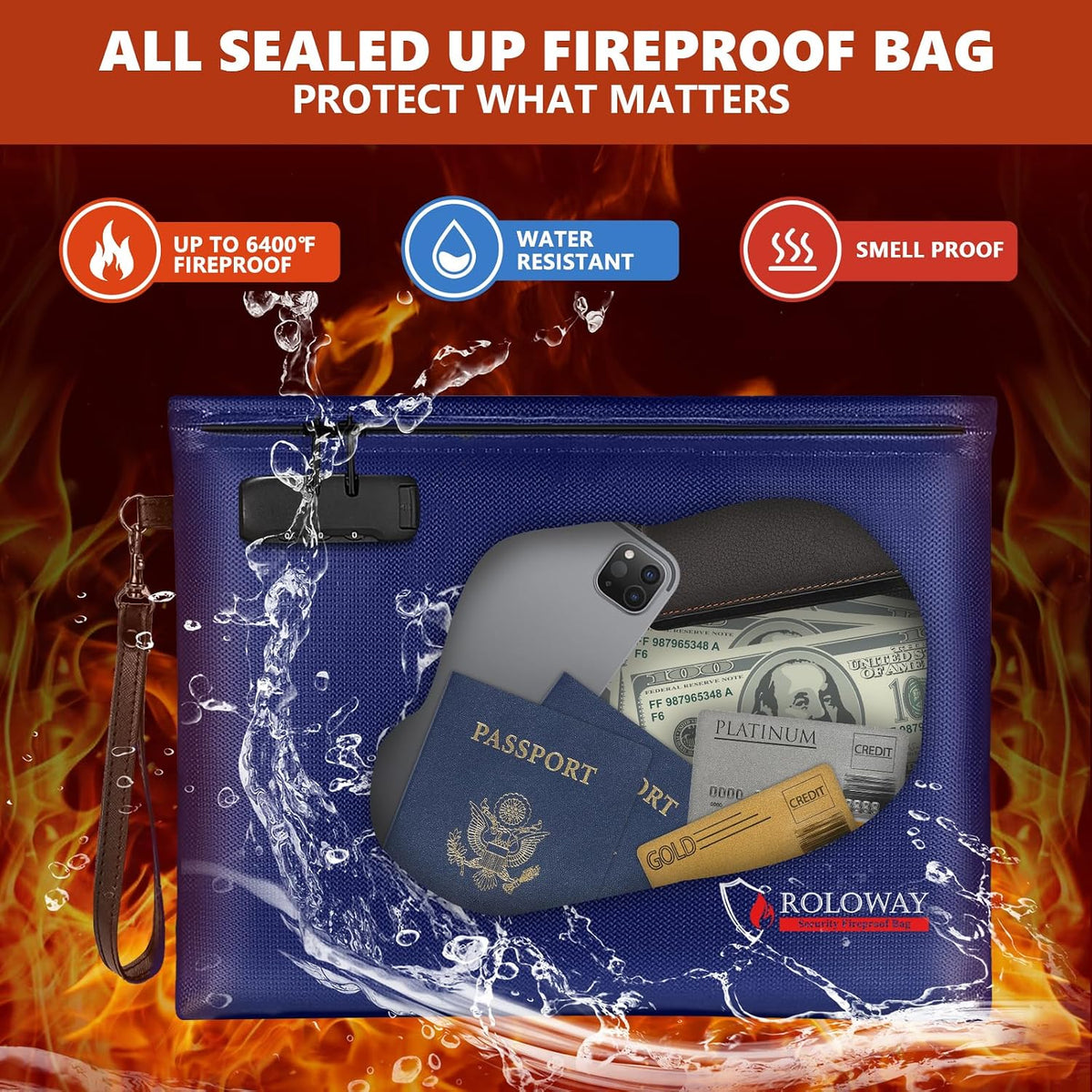 ROLOWAY Fireproof Document Bag (14.5 x 11.5 inch), 6400℉ Fireproof Money Bag with Zipper for Cash, Fire Safe Money Pouch with Lock (Black)