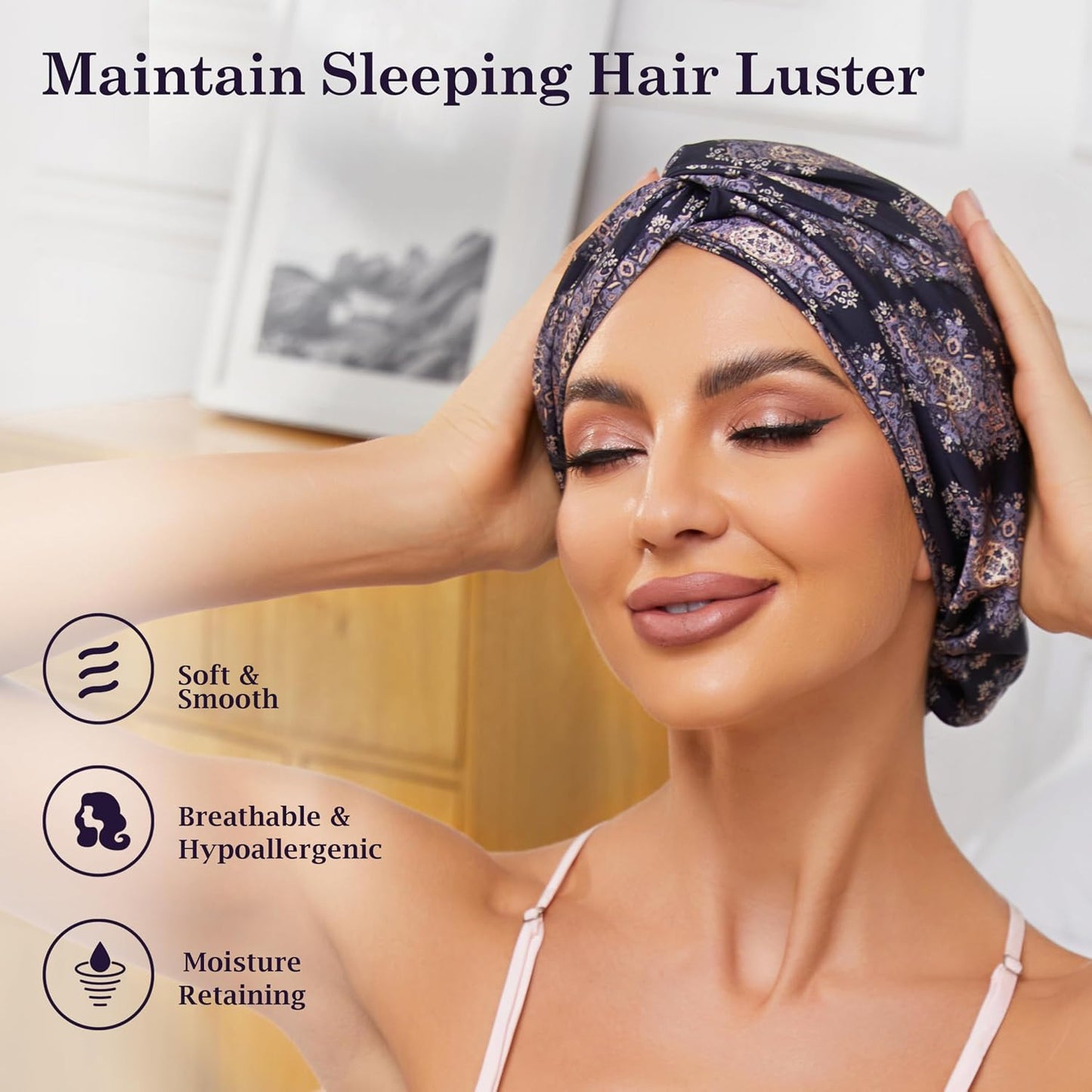 Adjustable Silk Satin Bonnet for Sleeping Hair Wrap, Double Layer Sleep Cap, Night Turban for Large Long Curly Braid Women Men Hair - Matcha Green