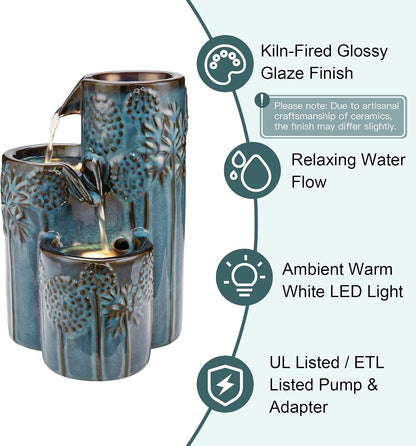 Glitzhome Ceramic Tabletop Tiered Water Fountain with Pump and LED Light 8.75'' Turquoise Leaf Textured Water Fountain Zen Decor for Indoor and Home Decoration Table Desk Office Patio