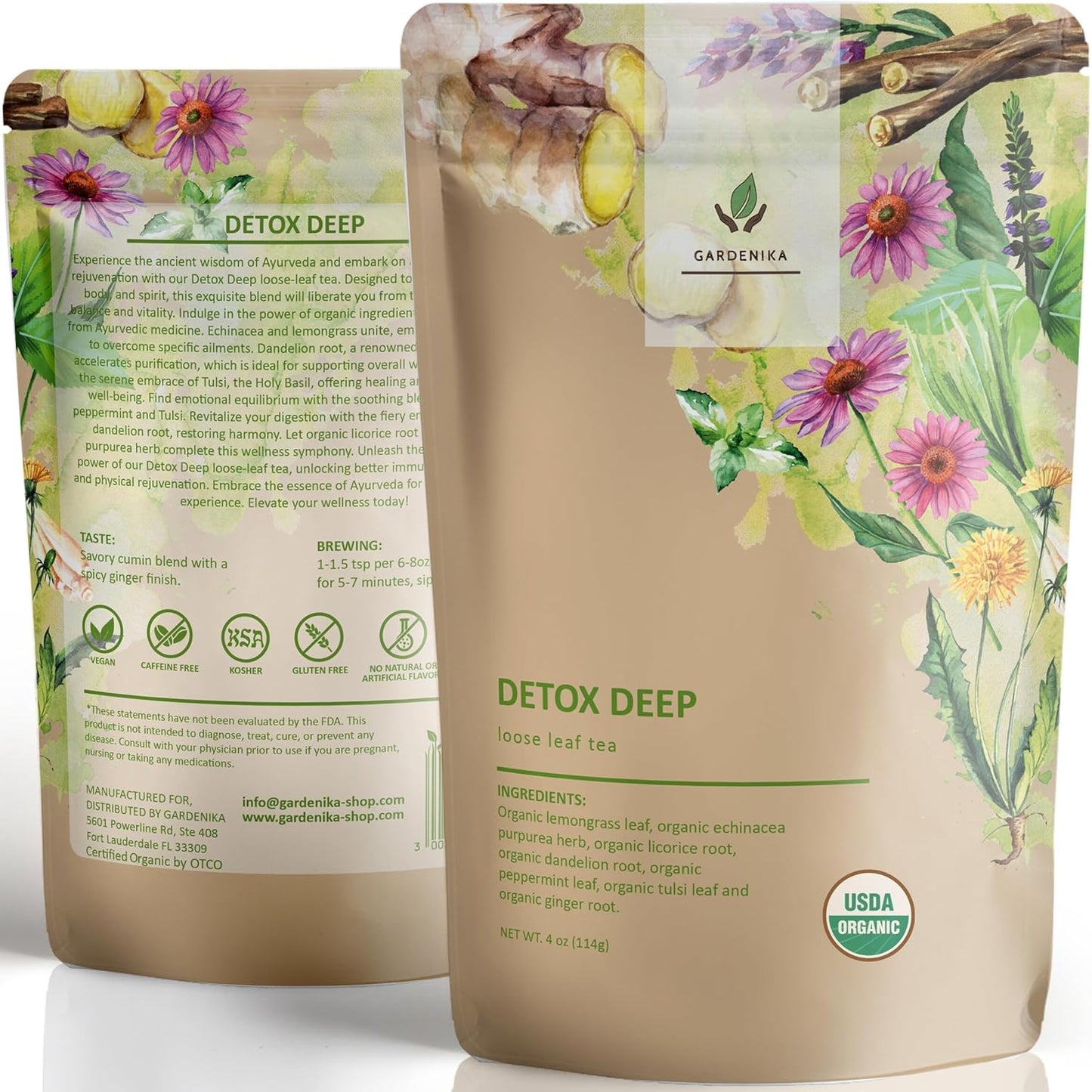 Gardenika Organic Loose Leaf Tea Sampler – 8 Pack, 1 LB – Herbal and Naturally Caffeine-Free Set - Ayurvedic Assortment Blend