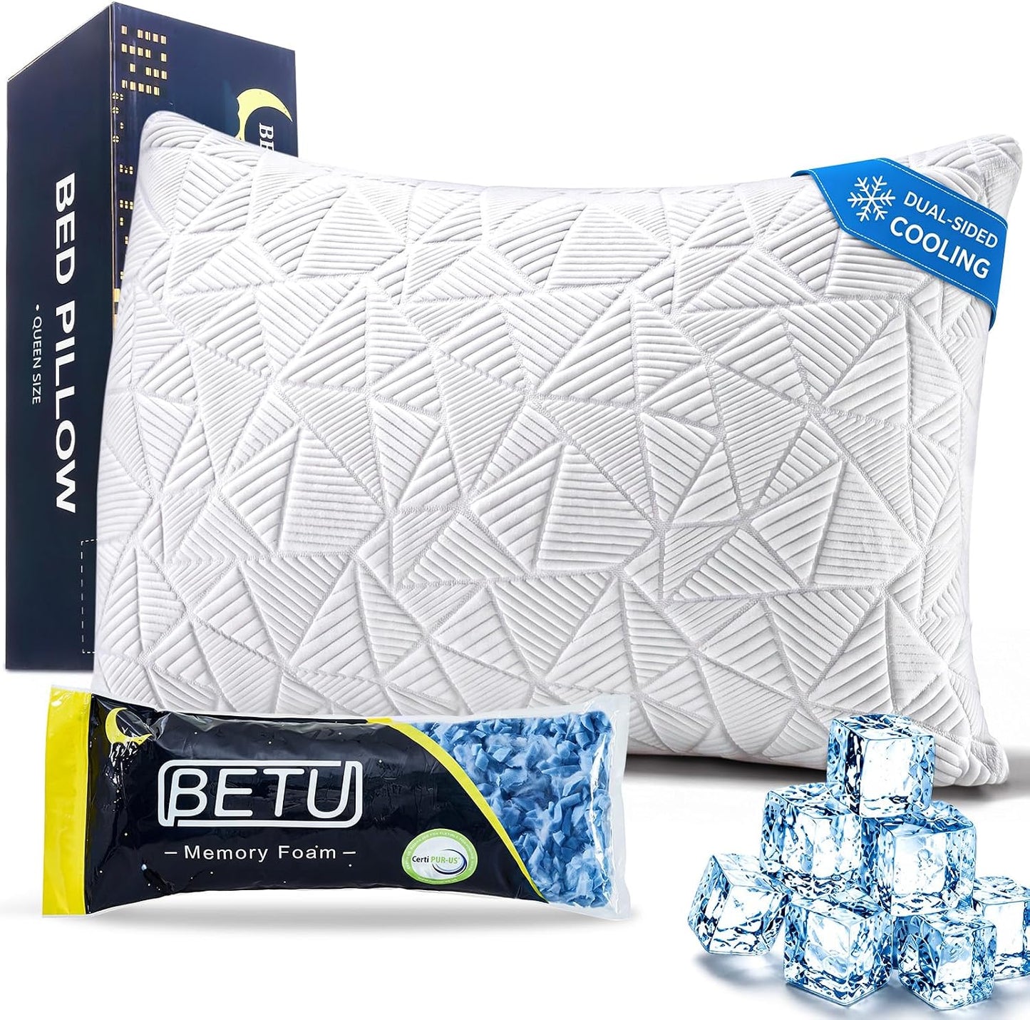 BETU Cooling Pillow Queen Size, Shredded Memory Foam Pillow for Hot Sleepers, Adjustable Firm Soft Support Pillows, Cool Bed Pillows for Side Back Stomach Sleeping Sleepers, gifts for boyfriend, White