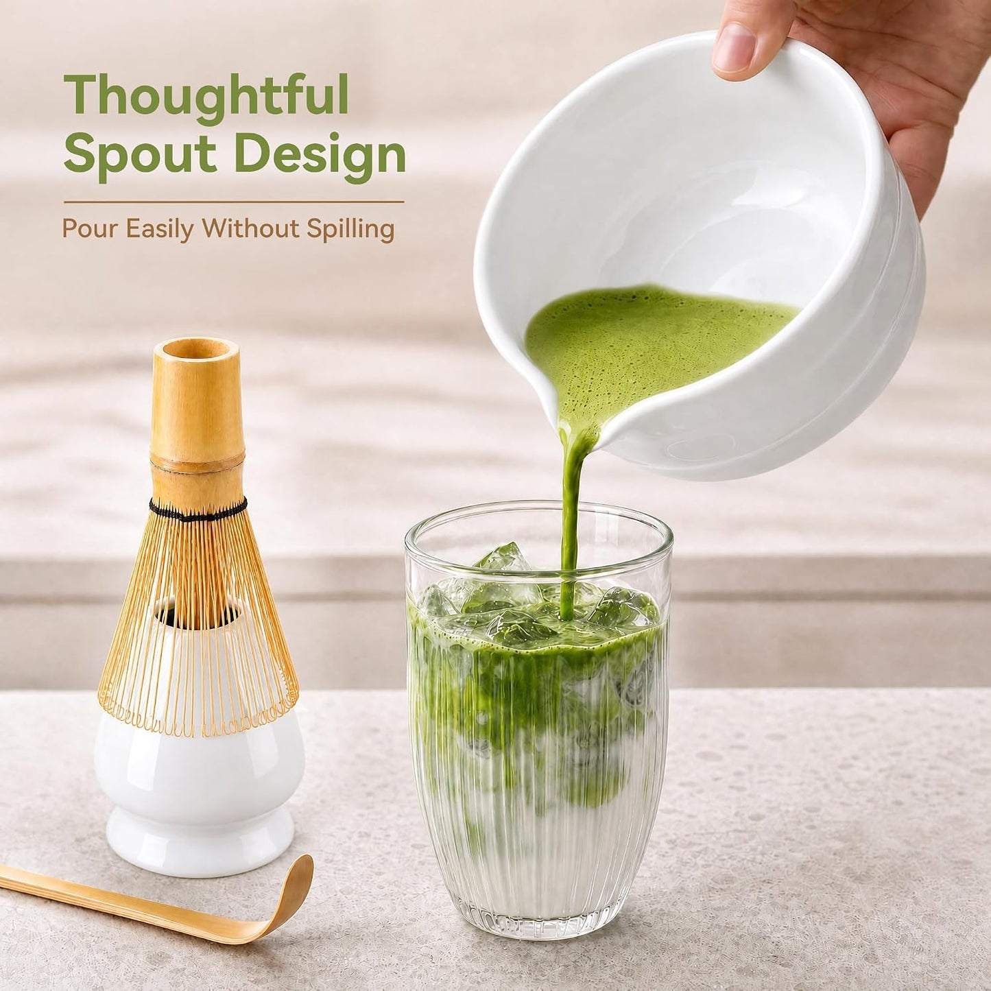 Matcha Whisk Set with Ceramic Bowl - Complete Matcha Making Kit, Bamboo Whisk (Chasen), Whisk Holder, Matcha Powder Sifter, Scoop, Japanese Tea Ceremony Tools（Green）