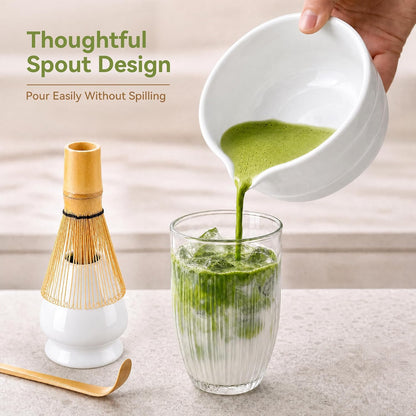 Matcha Whisk Set with Ceramic Bowl - Complete Matcha Making Kit, Bamboo Whisk (Chasen), Whisk Holder, Matcha Powder Sifter, Scoop, Japanese Tea Ceremony Tools（Green）
