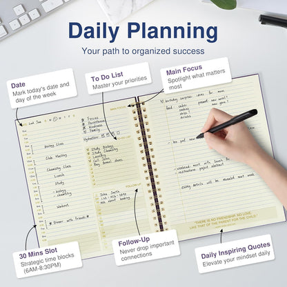 AuroPlanner Undated Daily Planner To Do List Hourly Schedule 2028 2027 2026 Calendar & Holiday Habit Tracker 180 Pages Letter Size 8.5" x 11" Sheets Hardcover Spiral Bound Notebook (Red)