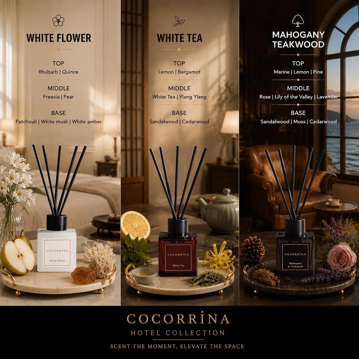 COCORRÍNA Hotel Collection Reed Diffuser Set, 3.04 fl oz Trio, Mahogany Teakwood, White Flower & White Tea, Home Fragrance for Bathroom, Bedroom, Entryway & Office