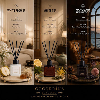 COCORRÍNA Hotel Collection Reed Diffuser Set, 3.04 fl oz Trio, Mahogany Teakwood, White Flower & White Tea, Home Fragrance for Bathroom, Bedroom, Entryway & Office